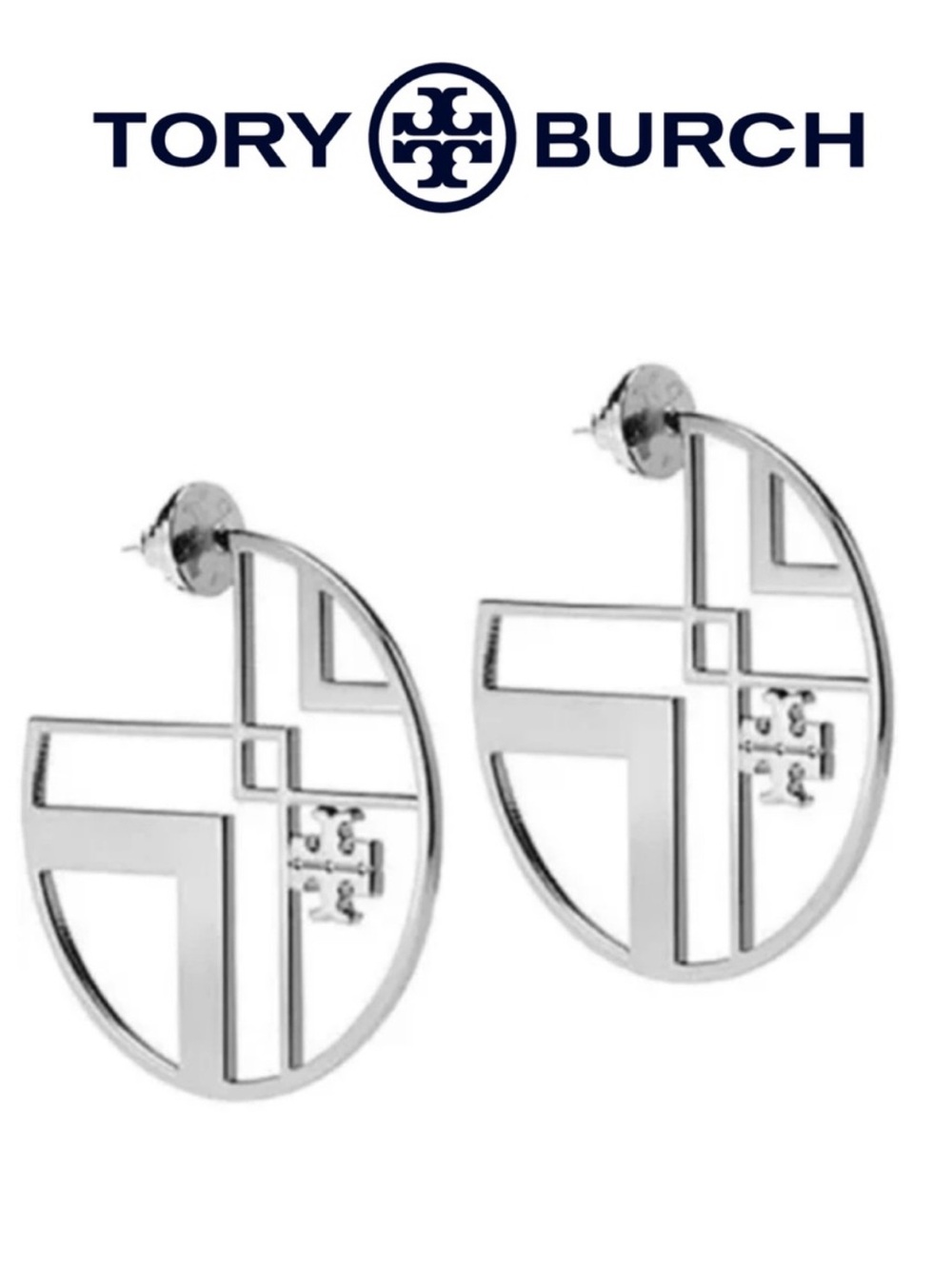 NWE TORY BURCH Silver Geometric Logo Hoop Earrings